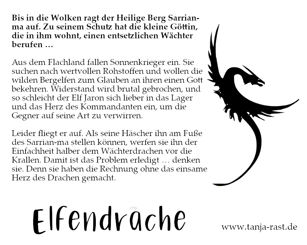 Bis in die Wolken ragt der Heilige Berg Sarrian-ma auf. Zu seinem Schutz hat die kleine Göttin, die in ihm wohnt, einen entsetzlichen Wächter berufen …  Aus dem Flachland fallen Sonnenkrieger ein. Sie suchen nach wertvollen Rohstoffen und wollen die wilden Bergelfen zum Glauben an ihren einen Gott bekehren. Widerstand wird brutal gebrochen, und so schleicht der Elf Jaron sich lieber in das Lager und das Herz des Kommandanten ein, um die Gegner auf seine Art zu verwirren.  Leider fliegt er auf. Als seine Häscher ihn am Fuße des Sarrian-ma stellen können, werfen sie ihn der Einfachheit halber dem Wächterdrachen vor die Krallen. Damit ist das Problem erledigt … denken sie. Denn sie haben die Rechnung ohne das einsame Herz des Drachen gemacht.